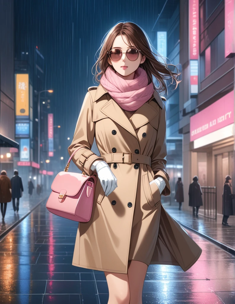 Masterpiece, hd, 1girl with long brown hair wearing a fully buttoned up closed and beige belted buckle knee-length trench coat with sunglasses, a tucked up large pink winter wool scarf and white gloves carrying her large pink purse blown by the hard wind at the hard rainy night city street full body 8k)
