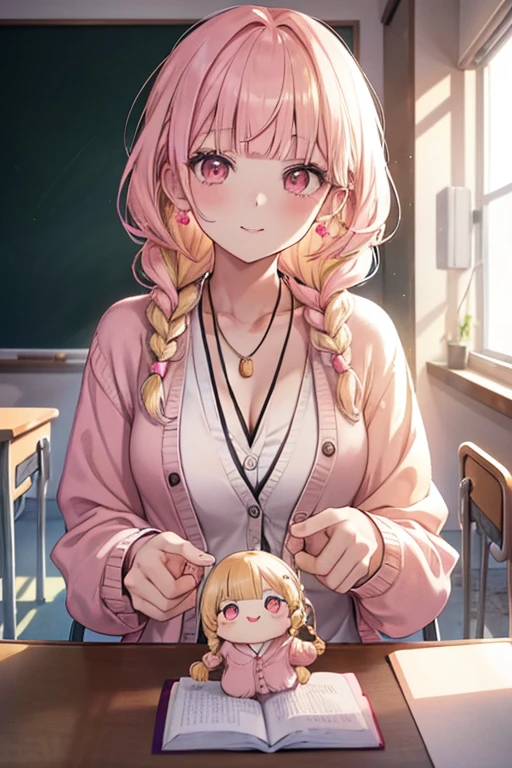 (((anime))), ((anime)), (Gal), Medium Hair, (Braid:1.3), (Blunt bangs:1.2),Two-tone hair, Blonde, (Pink Hair), Round face, Red eyes, (Droopy eyes), (((puppet))),Pink Lip,Earrings,necklace,[Dark Skin], A light smile, ((((cute)))), beautiful, 1 person, alone, (cardigan:1.4), [Cleavage cutout],peace sign,beautiful background,(classroom:1.5),evening,sunlight,Backlight,masterpiece,Highest quality,Exquisite,8k,Absurd,Ultra-fine illustrations,(View your viewers)