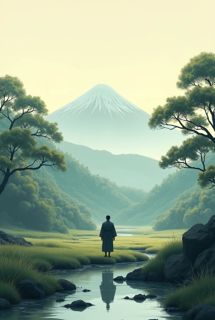 An ancient Japanese landscape with a man walking