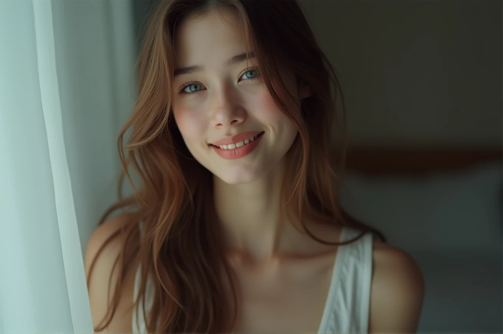 fot, taken from a distance that shows the entire body, She is very young, in house, in his bedroom, Normal sleepwear, long brown hair, a wry smile softened - tears in the eyes, contained excitement, Soft lighting on your face, realistic skin-clothes-hair textures, sky blue eyes carpeted mist, beautiful real textures and delicate aesthetics, full body view, notable for natural feminine beauty, noise, 8 k quality, FOTO RAW, by professional photographer, rule of thirds, Extremely Detailed