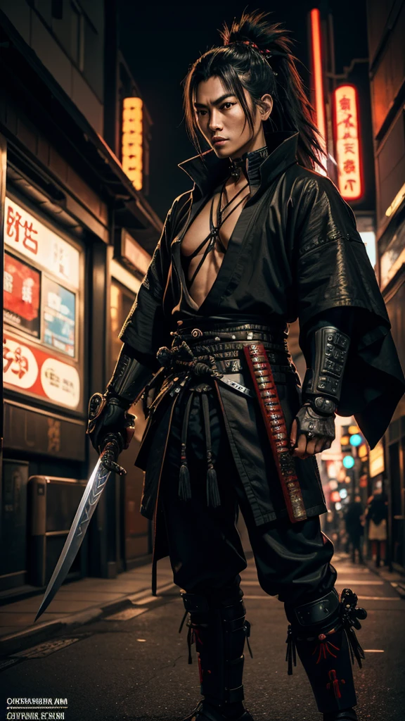 a close up of a person holding a katana in a city, very beautiful cyberpunk samurai, cyberpunk samurai, neon samurai, samurai jedi, full body of a cyberpunk samurai, [ trending on cgsociety ]!!, sith lord. dramatic lighting, trending on artstation.', andreas rocha style, urban samurai, cyborg samurai, inspired by Kanō Hōgai, posed