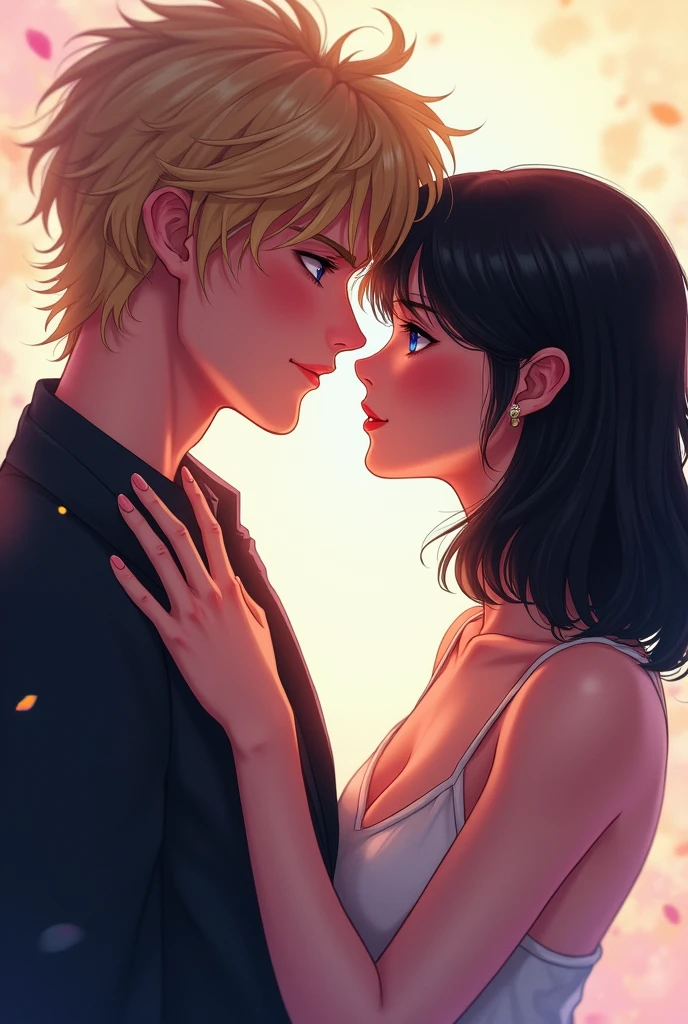 I created a cover where my protagonists are looking into each other&#39;s eyes and the sexual tension is noticeable., desire and love in his gaze, where he is looking down, taking his chin, forcing her to look at him.
a blonde man, messy hair, tall and piercing blue eyes. Sharp, masculine features, let the Adam&#39;s apple be seen.
A short woman, shoulder length hair, black and semi wavy, fine and elegant features, She has dark eyes.
Give the image a pastel-colored background
