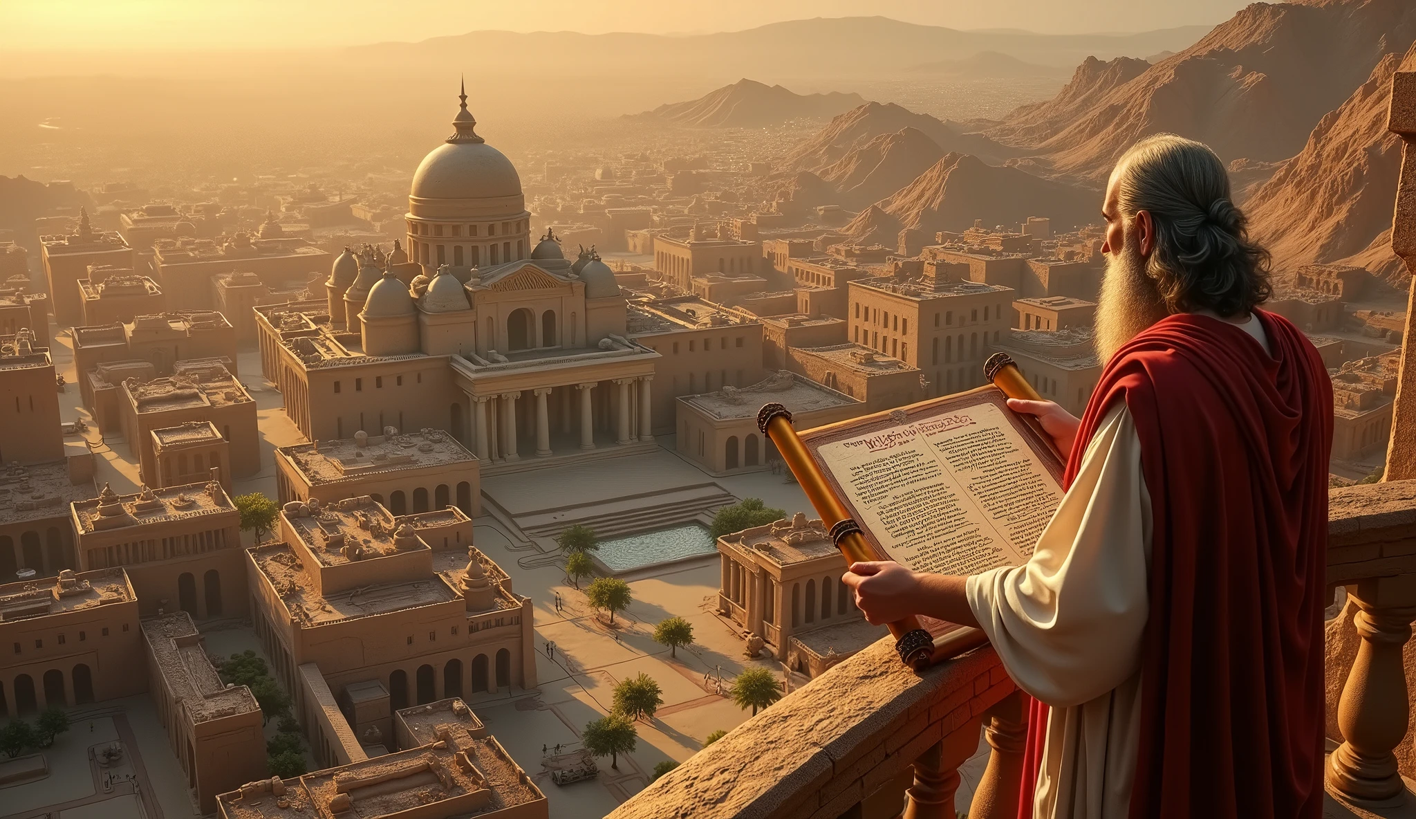 Create a hyper-realistic and mysterious image of an ancient city seen from above, where streets and buildings form a complex urban map. in the center of the city, a large building symbolizes financial security, with well-traced paths leading to it. Solomon, watching from an elevated balcony, holds an open scroll that reflects the city map below. The golden light of the sunset illuminates the scene, highlighting the symmetry and careful planning that guided the city's construction, symbolizing that well-structured financial planning leads to a safe and prosperous destiny.