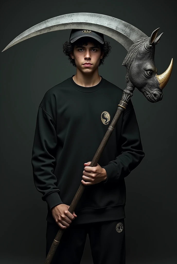 An 18 year old Brazilian man with short black curly hair, with very black eyes and his skin is white, wearing a black sweatshirt with a cap and a waning moon symbol on his right chest, with a large scythe where the blade part is the head of a rhinoceros and the horn being the blade and a black tone spectrum at its side