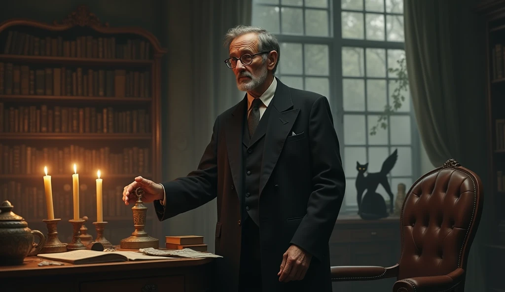 An elderly man with a thin, serene and contemplative expression. He has short, dark hair, slightly balding in the front, slightly graying, no beard, and wears a classic 1930s suit, with small, square, prescription glasses and a discreet tie. Cayce is standing next to a vintage-looking chair in an environment reminiscent of an old office with 3 candles on the table with a black and white cat, with books and papers in the background. The soft, diffuse lighting highlights his face, conveying an aura of wisdom and introspection. In one hand, he holds a prophecy object, symbolizing his knowledge and psychic abilities. The scene has a nostalgic and mysterious tone, reflecting the enigmatic nature of his predictions and readings. Through the window there is nature