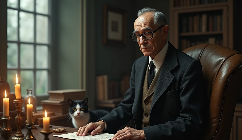 An elderly man with a thin, serene and contemplative expression. He has short, dark hair, slightly balding in the front, slightly graying, no beard, and wears a classic 1930s suit, with small, square, prescription glasses and a discreet tie. Cayce is standing next to a vintage-looking chair in an environment reminiscent of an old office with 3 candles on the table with a black and white cat, with books and papers in the background. The soft, diffuse lighting highlights his face, conveying an aura of wisdom and introspection. In one hand, he holds a prophecy object, symbolizing his knowledge and psychic abilities. The scene has a nostalgic and mysterious tone, reflecting the enigmatic nature of his predictions and readings. Through the window there is nature