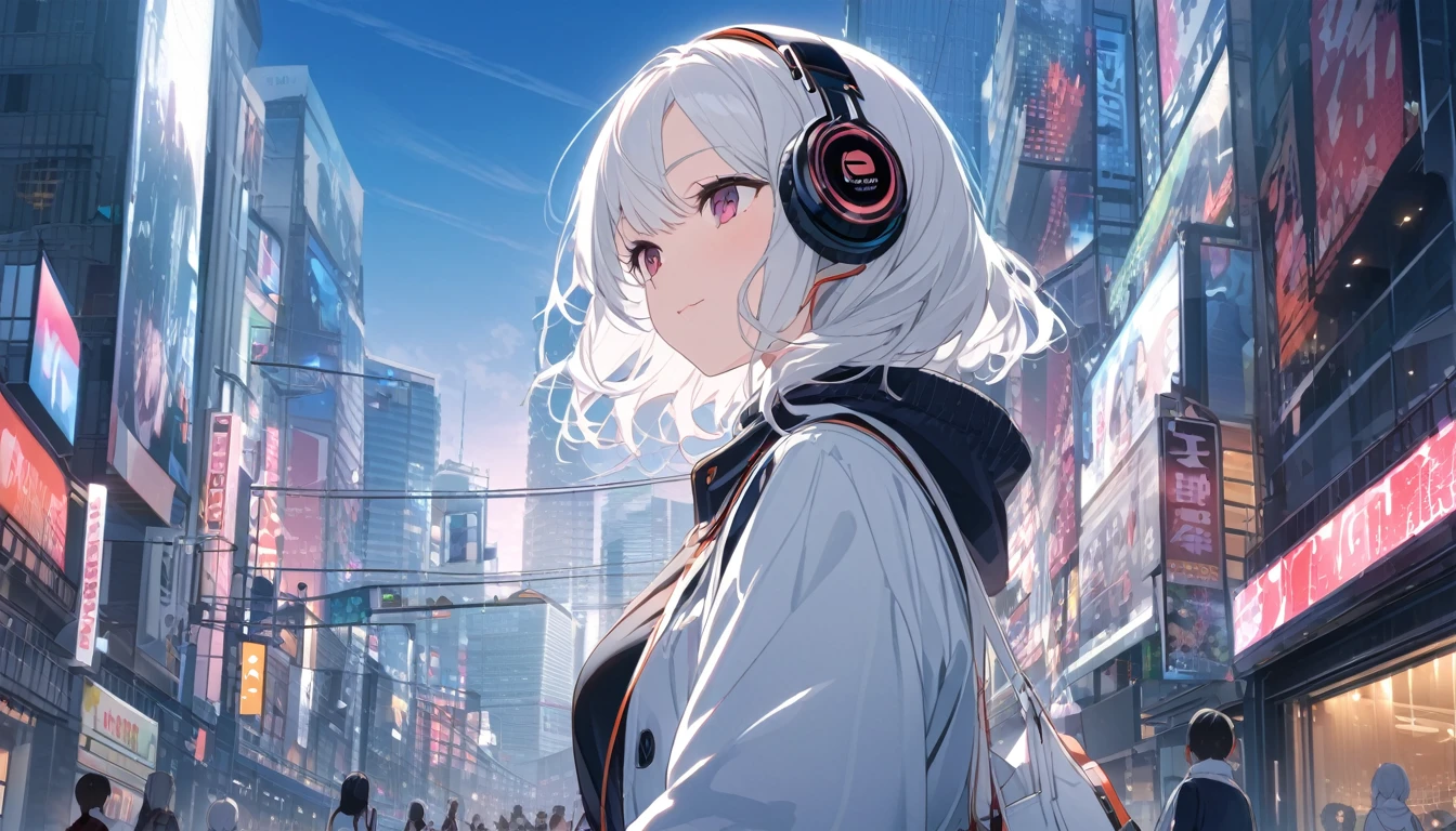 White-haired woman with headphones looking at the city of Tokyo,Streetscape、listen to music、Japanese