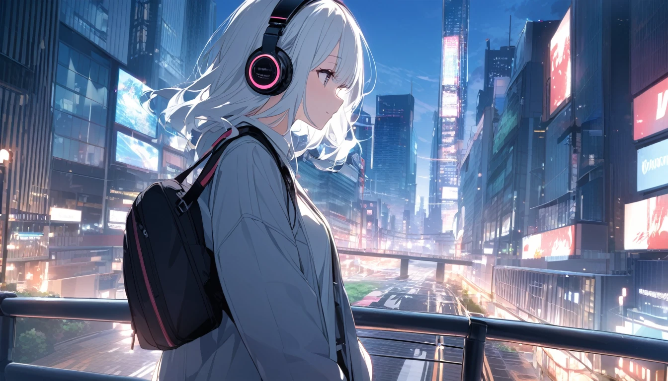White-haired woman with headphones looking at the city of Tokyo,Streetscape、listen to music、Japanese