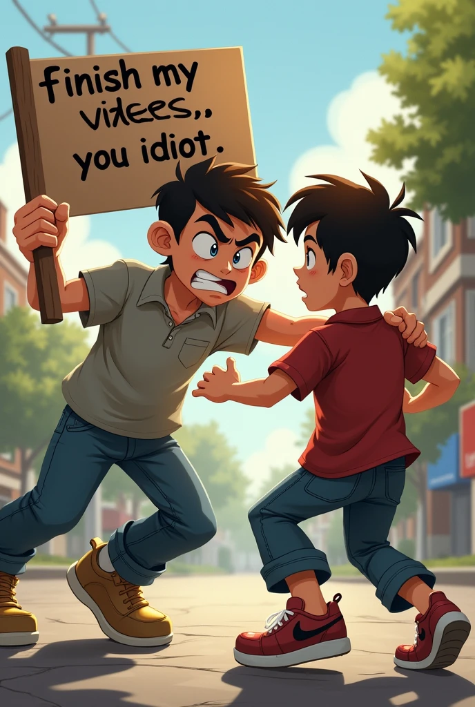 Make a picture of a boy hitting another boy with a sign that says “Finish my videos, you idiot.”
