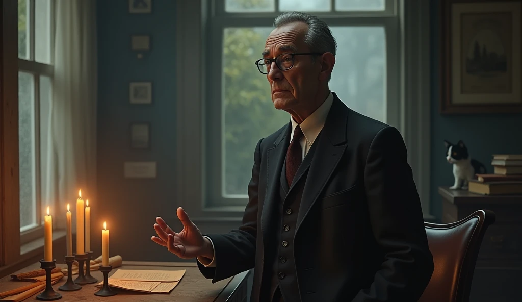 An elderly man with a thin, serene and contemplative expression. He has short, dark hair, slightly balding in the front, slightly graying, no beard, and wears a classic 1930s suit, with small, square, prescription glasses and a discreet tie. Cayce is standing next to a vintage-looking chair in an environment reminiscent of an old office with 3 candles on the table with a black and white cat, with books and papers in the background. The soft, diffuse lighting highlights his face, conveying an aura of wisdom and introspection. In one hand, he holds a prophecy object, symbolizing his knowledge and psychic abilities. The scene has a nostalgic and mysterious tone, reflecting the enigmatic nature of his predictions and readings. Through the window there is nature