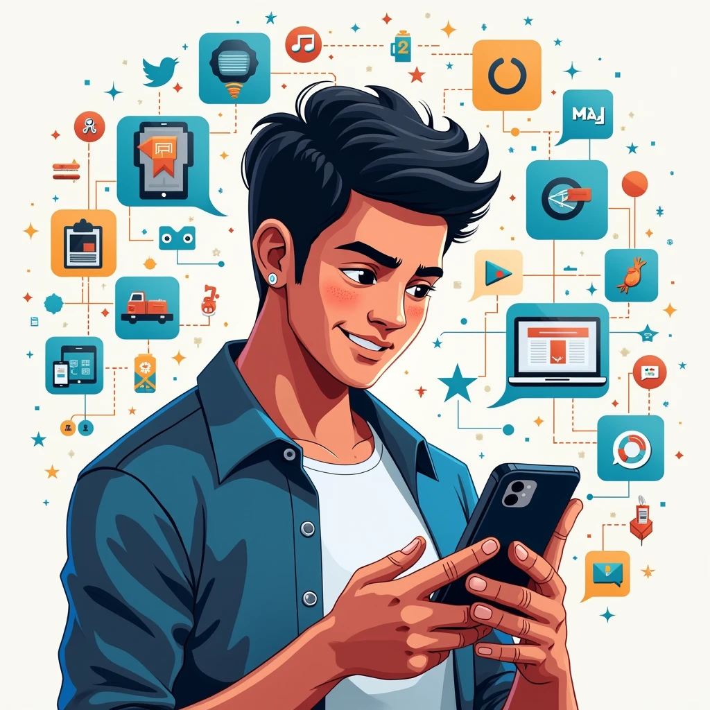 young man, 25, brazilian, surprise affection, using a smartphone, interacting with chatGPT, multitasking, surrounded by icons from different fields, versatile, icons of completed tasks, technology, cyberpunk, backgroundless image