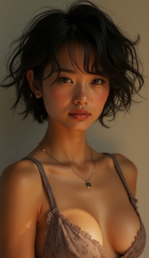 25-year-old Japanese and American, tall muscular physique, Dark short hair and long curly hair, Wearing a T-shirt and a camisole, Realistic, Ultra-detailed, Cinema Lighting, Dramatic composition, Intricate details, Warm color palette, Highly detailed facial features, Vibrant textured skin, masterpiece, Highest quality, 8k