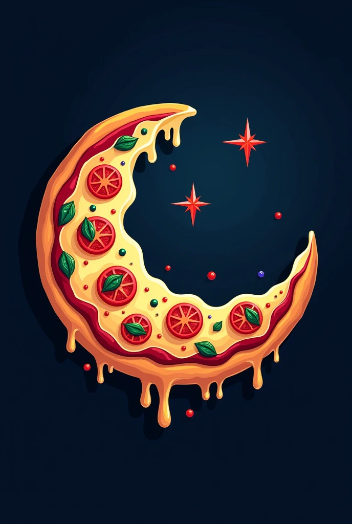 Brazilian pizzeria logo with dark blue background and melting marquerita pizza in moon shape with tomato star