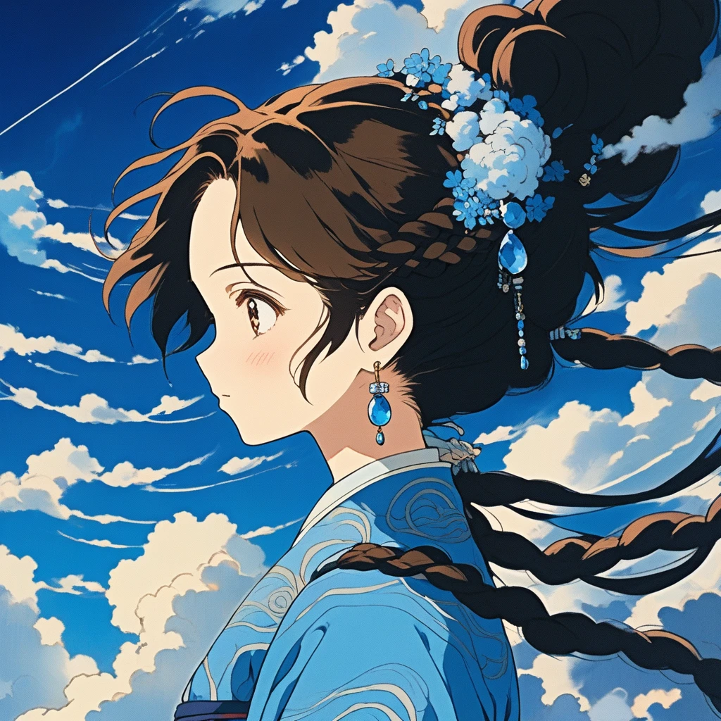 portrait art style, Skyの城, Ghibli, One person, Brown Hair, Black Hair, One person, Have, blue jewelry all over, Braiding, hair band, Blue gemstone necklace, twin Braidings, Skyの城、The sky is filled with cumulonimbus clouds、Above、Sky、Anime Coloring, (masterpiece,Highest quality)