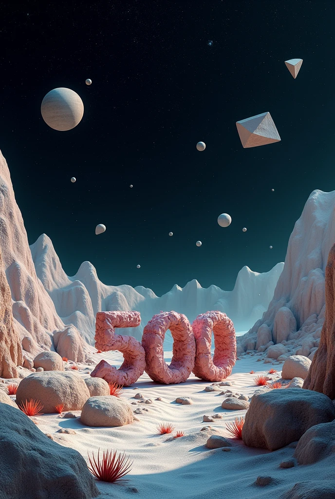 An otherworldly landscape filled with geometrical hills and rocks scattered around. The ground is filled with rocks and weird low flora. Floating geometrical 3D shapes levitating above ground ground all over. The word "500" made of mineral and is on the center of the scene emerging from the ground. It's night time and the sky is pitch black full of stars and planets very visible. Realistic, hyperrealism, high resolution, extreme details, extreme quality, volumetric lighting, sharp details, 4k hdr 