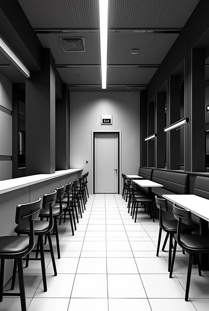 Make me a black and white bar plan with an emergency exit 