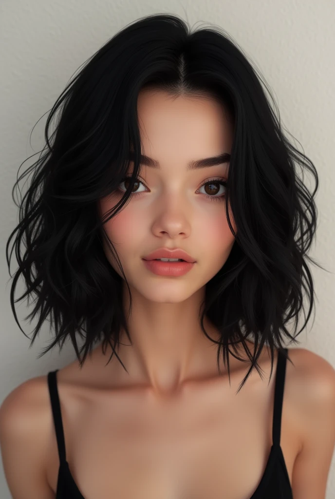 shoulder length hair(a little further down) wavy,black and full,with layered cut,without bangs.