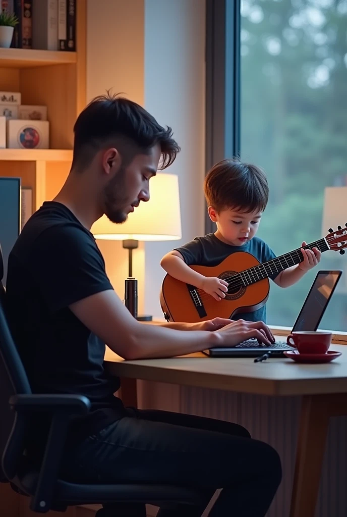 A short-haired IT expert wearing a black t-shirt is working in his room and there are three laptops on his desk., a cup of coffee, and vape. And beside him there was a ., short hair playing guitar. Real-like photo results.