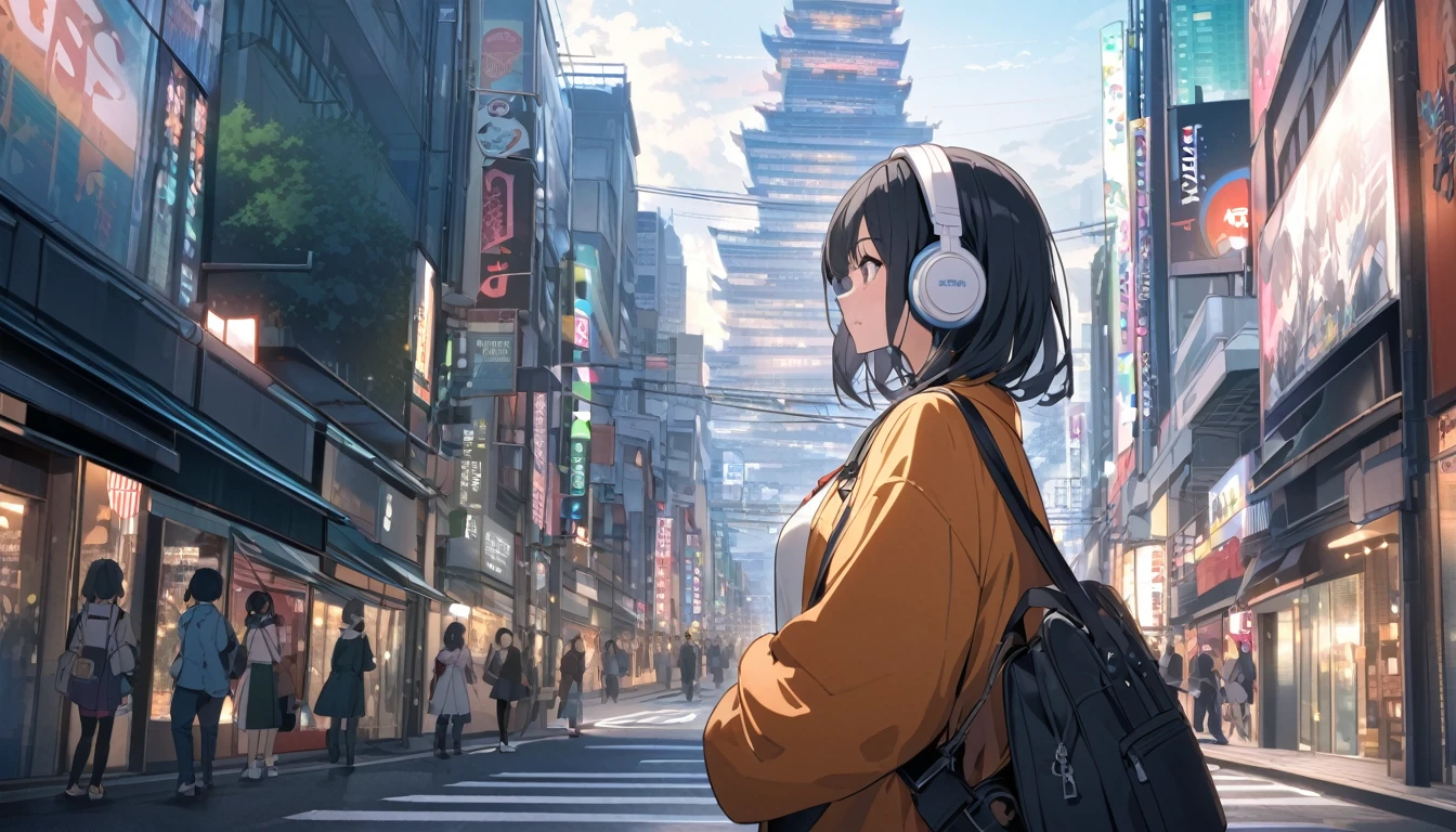 Black haired woman with headphones looking at the city of Tokyo,Streetscape、listen to music、Japanese