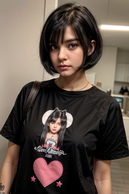 a 1 year old white American woman,60 tall short black hair, brown eyes with e-girl clothing style