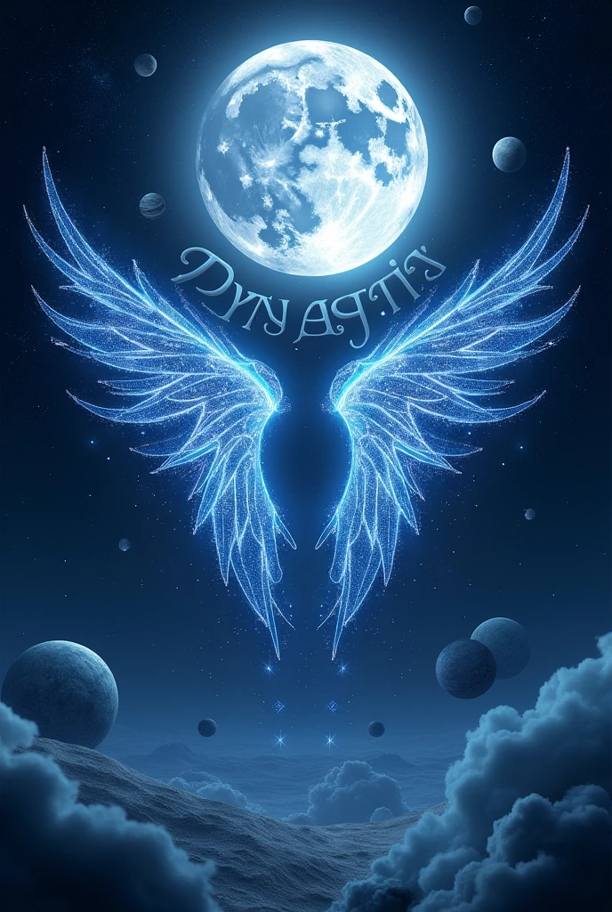 full moon plus meteorites, planets and only Angel wings made of stars, the wings separated and below add the word DYNASTY in capital letters as a background above the moon and with a color similar to that of the moon, put it on top