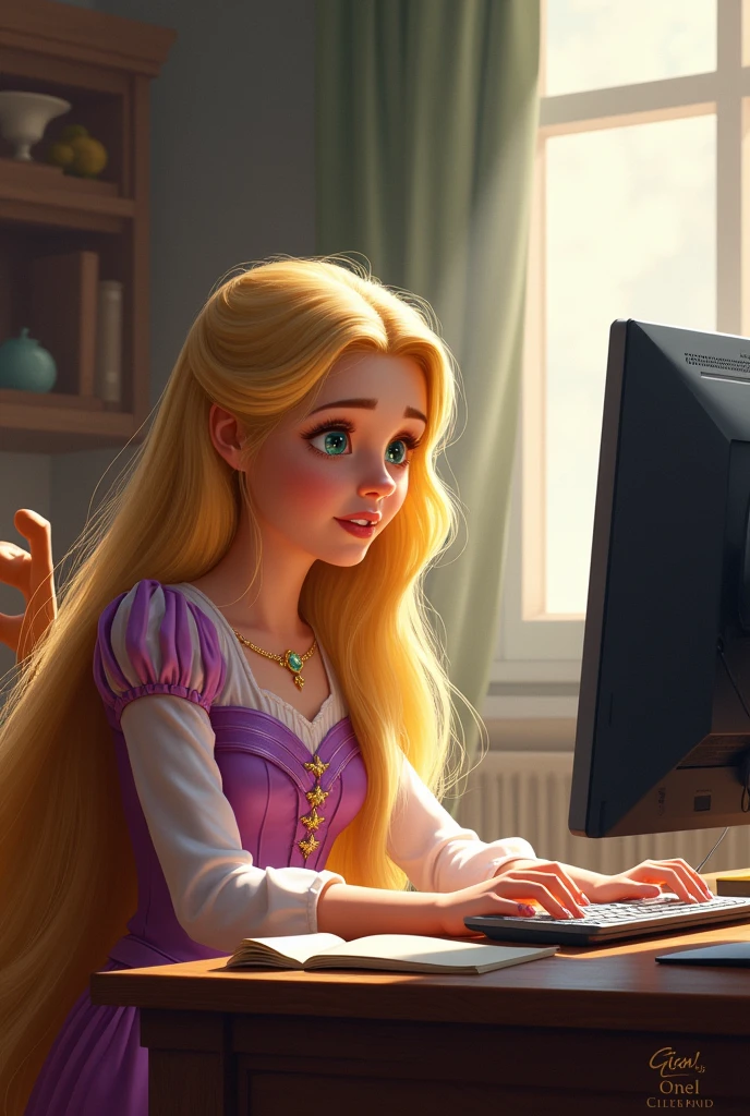 A picture of Rapunzel using a computer