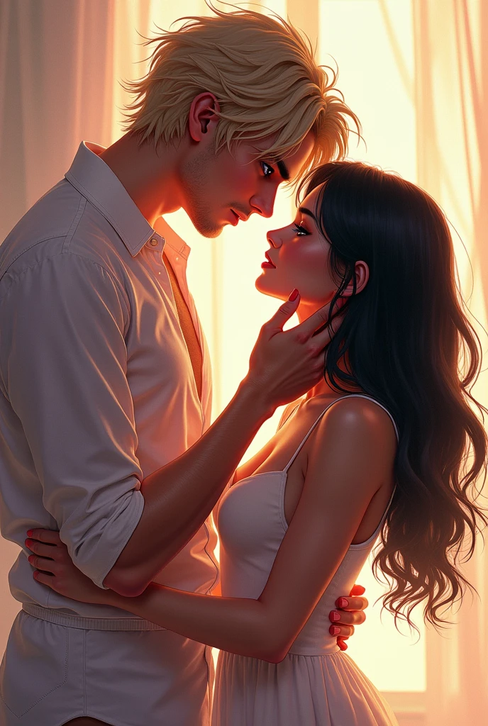 I created a cover where my protagonists are looking into each other&#39;s eyes and the sexual tension is noticeable., desire and love in his gaze, where he is looking down, taking his chin, forcing her to look at him.
a blonde man, messy hair, tall and piercing blue eyes. Sharp, masculine features, let the Adam&#39;s apple be seen.
A short woman, shoulder length hair, black and semi wavy, fine and elegant features, She has dark eyes.
Give the image a pastel-colored background
