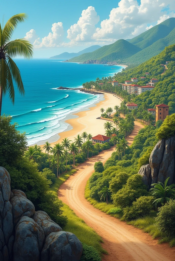 Painting of the beach in the northeast of Brazil, a track and buildings by the sea, panoramic view