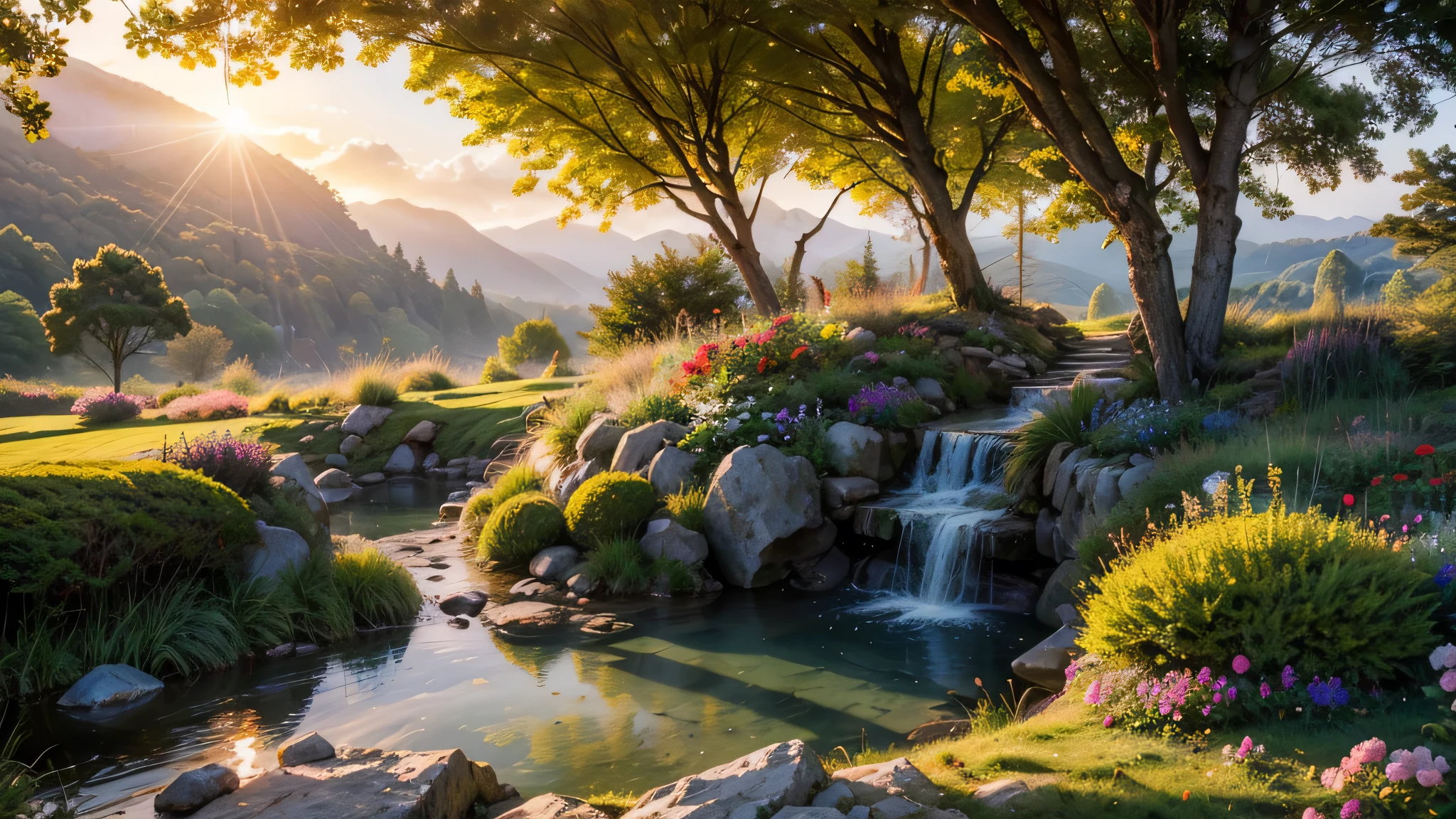 fairytale view with fantasy fairy garden in a wide steep valley with huge dramatic mountains in the distance,autumn, very deep clear water natural pond, rocks plants flowers shrubs trees moss lawns grass animals,sunrise and strong sunbeams,very hazy,extreme details,photorealistic,4k,HD,beautiful,nature, dreamy, low shot,ground level photo, good luminosity