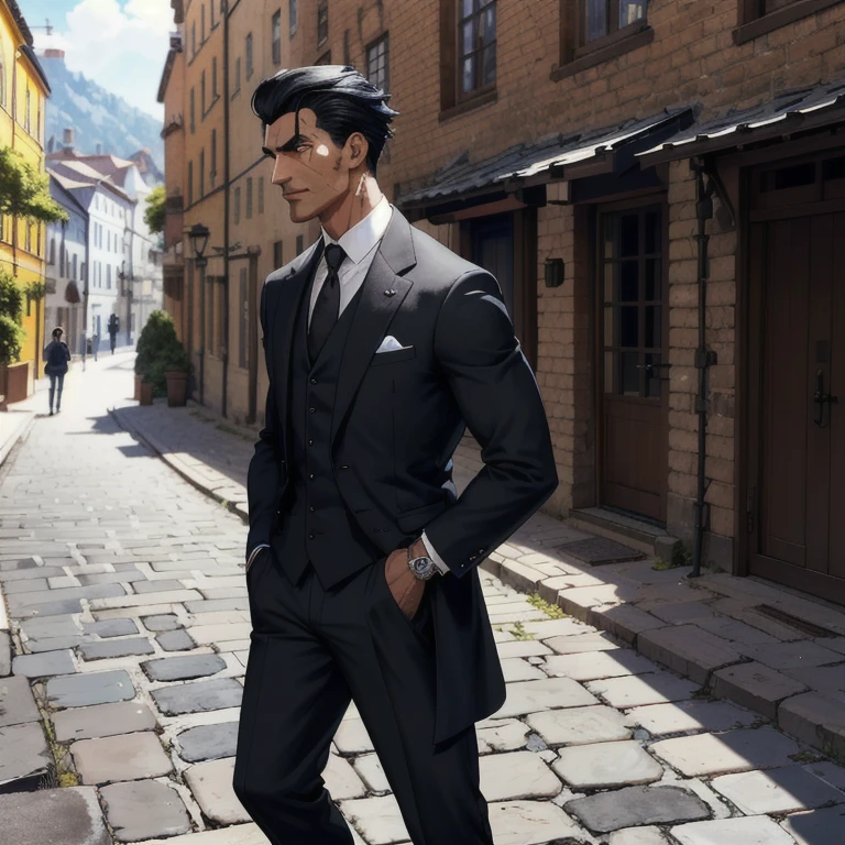 a dark man, 1.76 tall, Bblack hair, dark shaped eyes, sharp nose, athletic body, slight scar on hand, on a cobblestone road, houses with exposed bricks in white tones, azul e amarelo, On a sunny day. With rich details and main focus on man.