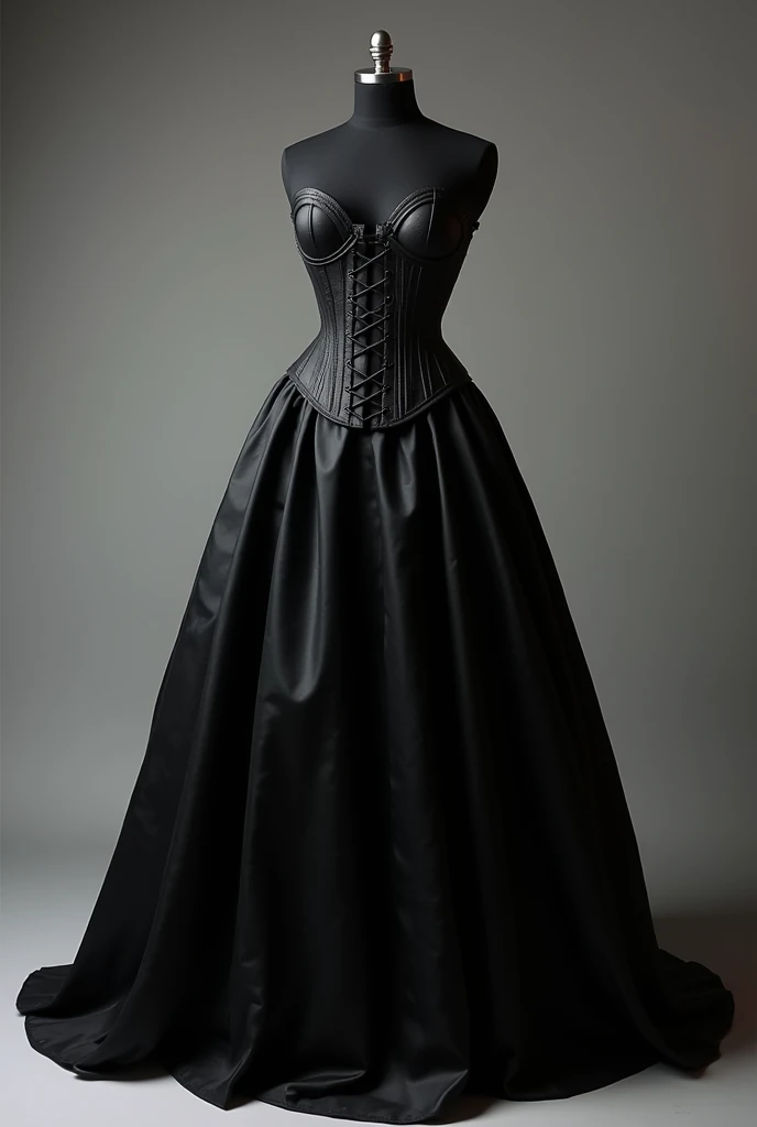 Black dress with corset with volume in the long skirt and with corset