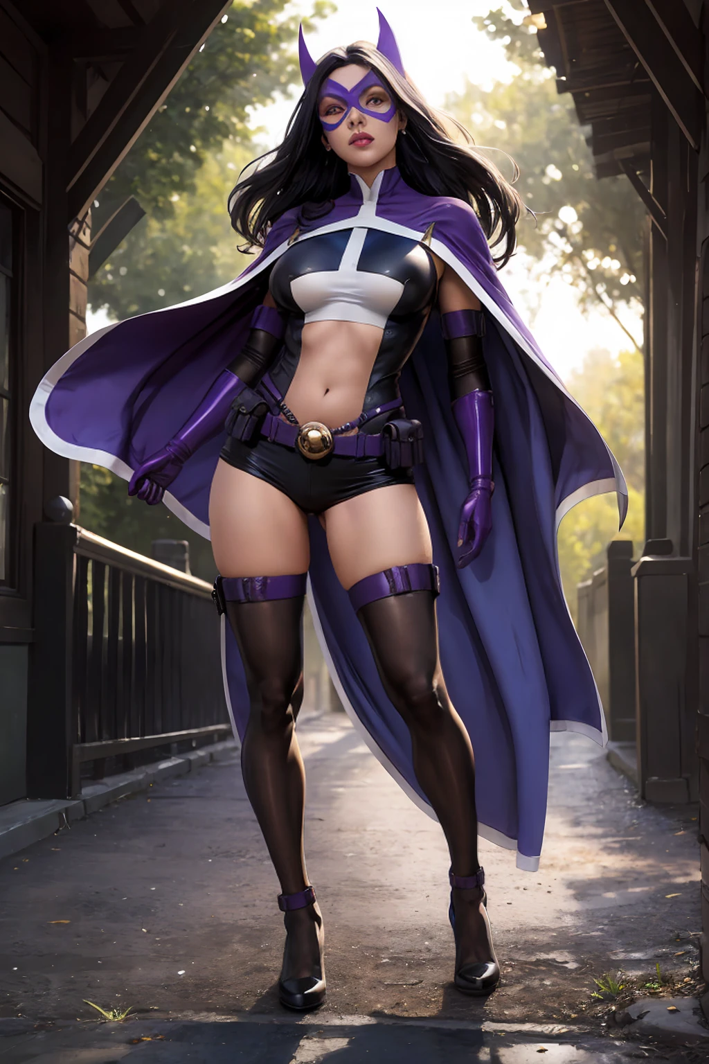 (((full body photo))) straight-on,pose,looking at viewer,solo, BREAK, CARTOON_DC_huntress_ownwaifu, www.ownwaifu.com, 
long hair, breasts, black hair, makeup, large breasts, lipstick, lips, blue eyes, red lips, 
gloves, thighhighs, cape, mask, navel, elbow gloves, superhero, midriff, belt, leotard, purple gloves, utility belt, pouch, belt pouch, domino mask, black thighhighs, purple leotard, purple thighhighs, short shorts, clothing cutout, bodysuit, impossible clothes, purple cape, navel cutout, 
(extremely detailed fine touch:1.2), (natural light, sun light, light rays, dappled light, ray tracing:1.2), masterpiece, best quality, highly quality ,official art, 8K, highres, (absurdres:1.2), (bokeh:1.2),