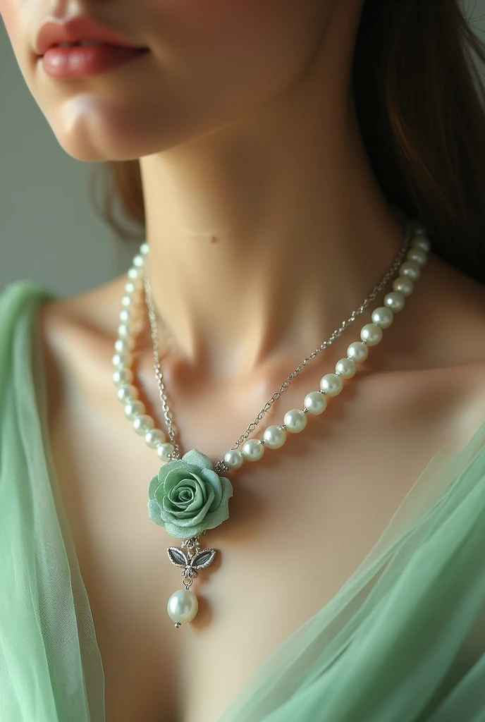 A necklace in very light greenish pearls, with a rose pendant