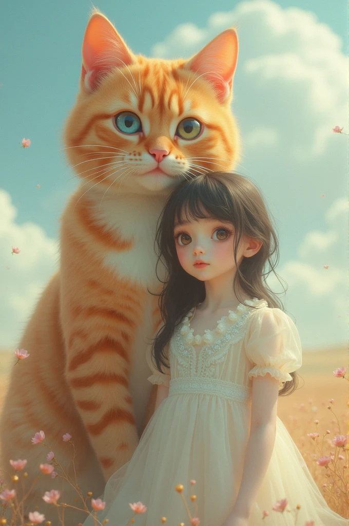 I&#39;m doing a photo shoot for a new concept album. Create a girl concept photo，Among them is a huge orange cat，Eyes are two-toned，Anime style