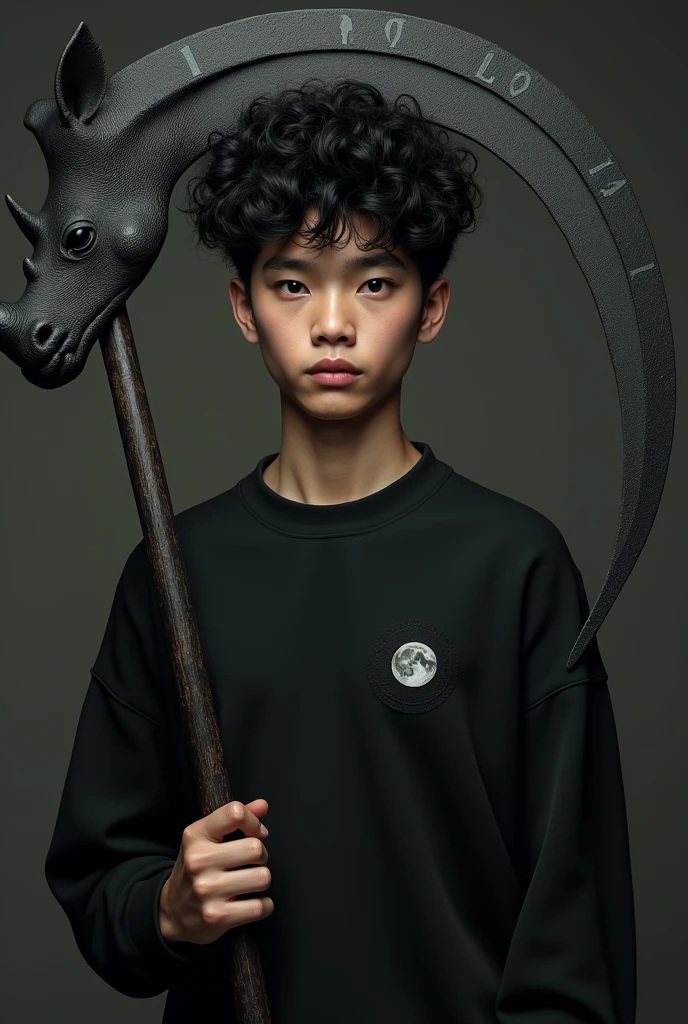 An 18 year old Brazilian man with short curly black hair, with very black eyes and his skin is white, wearing a black sweatshirt with a cap and a waning moon symbol on his right chest, with a large scythe where the blade part is the head of a rhinoceros and the horn being the blade and a black tone spectrum at its side 