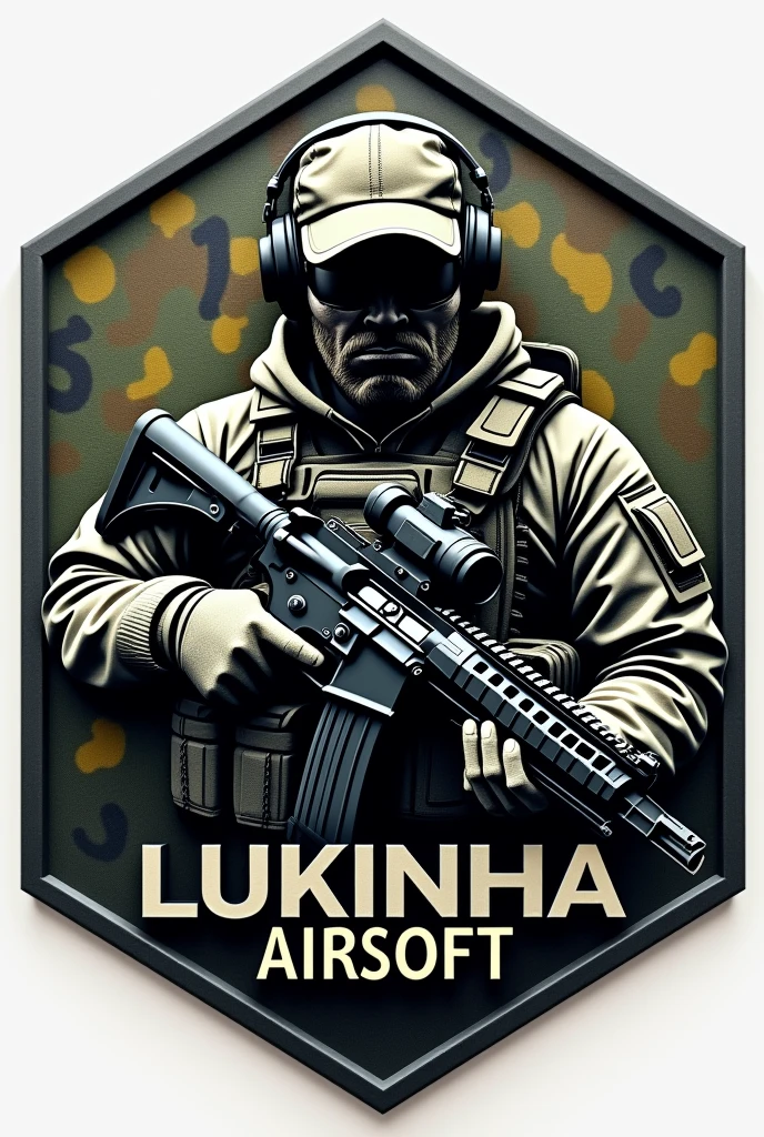 Create Hexagonal Rubberized Patch Cliché, camouflage coat of arms background, military coat of arms with the name Lukinha Airsoft, operator carrying an m4 rifle wearing a cap and headphones