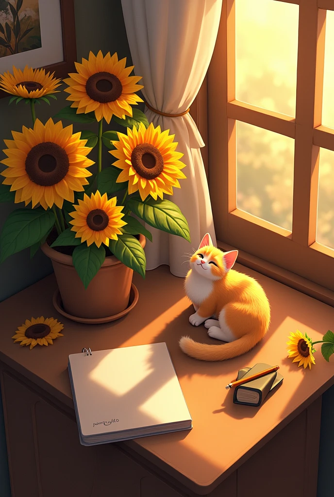A bunch of sunflowers in the corner and then sunflowers on the table,Then the cat lies on the notebook,Sunset but no windows。Viewed from above