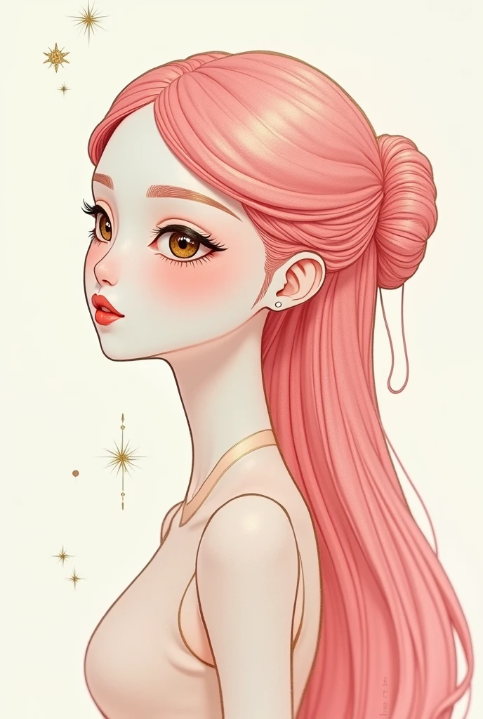 (White background:1.4),(Girl&#39;s head silhouette, detailed gold eyes, Long pink hair, Oriental elements)，(Chinese illustration:1.3，Paper Art:1.3, キルティングPaper Art:1.2),( Streamlined Design, Clear lines, High sharpness,Better Quality, Very detailed, Master Parts, Film Light Effect, 4K ) Illustration design, porcelain doll skin, beautiful detailed eyes, beautiful detailed lips, extremely detailed gold eyes and face, long eyelashes, upper body, from side, looking at viewer, (fractal art:1.3), (pink hair:1.2), water, liquid, cloud, colorful, starry, stars, (best quality, 4k, 8k, highres, masterpiece:1.2), ultra-detailed, (realistic, photorealistic, photo-realistic:1.37), vibrant colors, studio lighting, extremely detailed description, professional, concept art, surreal, 1920s french vibe, monochromatic gold and pink palette, in the style of french illustrator moebius, gold elements,