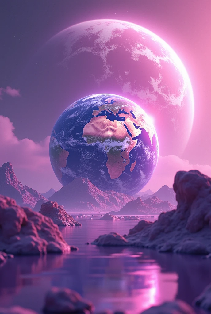 Can you create me a tabloid-sized image with a planet in the background and the earth using purple and pink colors?, that the planet has the same tones 