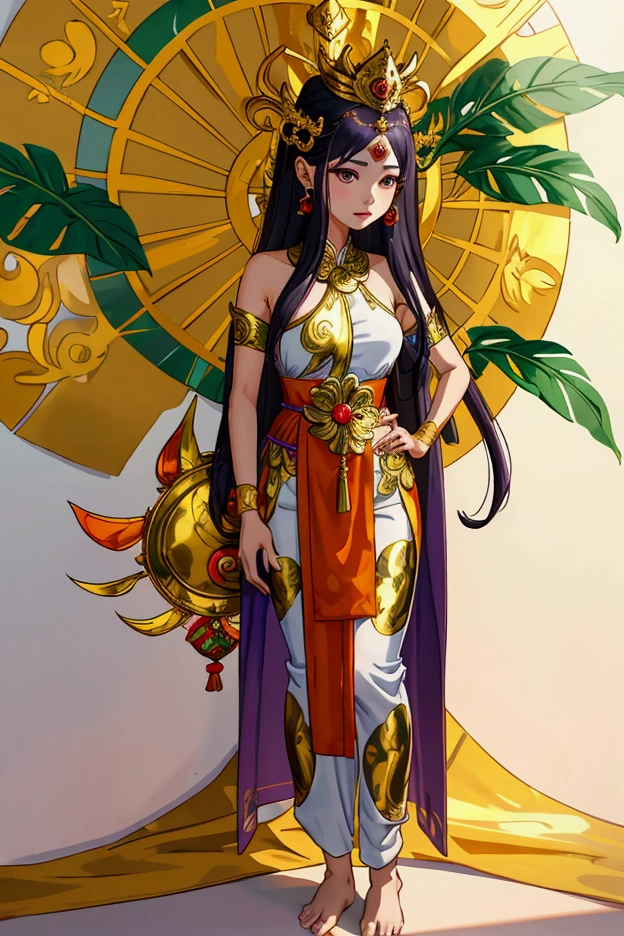 Thai female characters,long hair,Wear Thai clothes,Wear a Thai tube top,,Thai person,Barefoot standing neatly,Thai Shivalai costume with purple chest shield,Put on the leaves,Wearing a golden crown,Thai pants with a polite Thai pattern,Dress politely