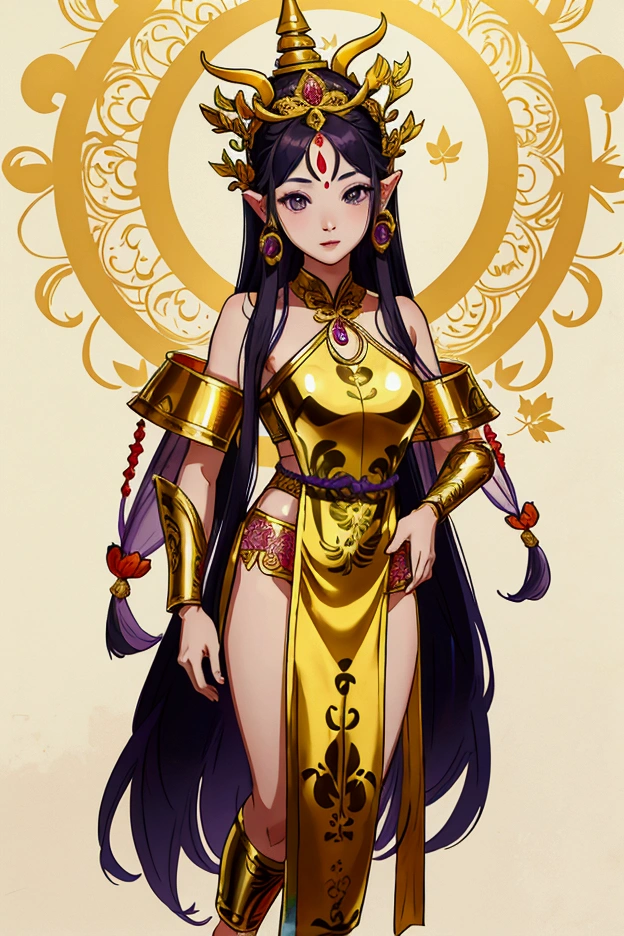 Thai female characters,long hair,Wear Thai clothes,Wear a Thai tube top,,Thai person,Barefoot standing neatly,Thai Shivalai costume with purple chest shield,Put on the leaves,Wearing a golden crown,Thai pants with a polite Thai pattern,Dress politely
