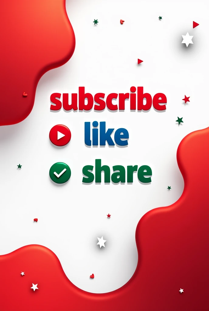 "Create a YouTube banner design with the words "SUBSCRIBE" in red, "LIKE" in blue, and "SHARE" in green. Use a bold font and add appropriate icons. Place these elements in the center of the banner with a white and red background."