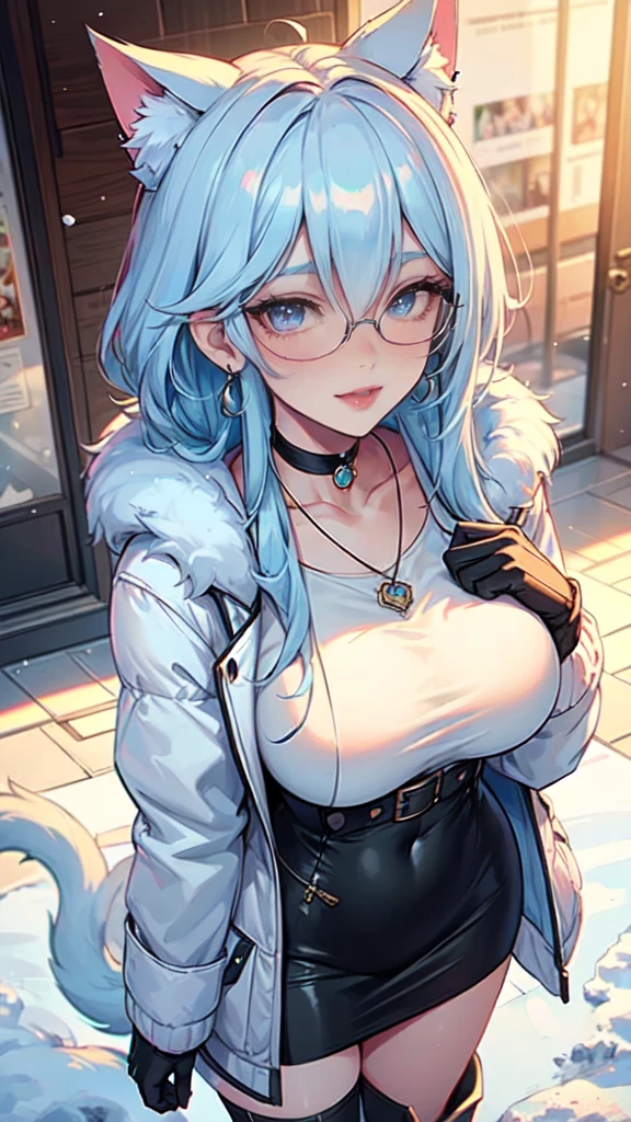 Masterpiece, beautiful art, professional artist, 8k, art style by sciamano240, very detailed face, very detailed hair, very detailed clothes, 1girl, perfectly drawn body, beautiful face, long hair, light blue hair , very detailed blue vertical cat eyes, square glasses, pouty lips , rosey cheeks, intricate details in eyes, extreme close up of face, see only head and neck, staring directly at viewer, wearing cute winter clothes, winter coat, necklace, choker, earrings, gloves, pencil skirt, black tigh boots, some freckles, big wide grin, in love with the viewer expression, sunny winter setting, walking outside,