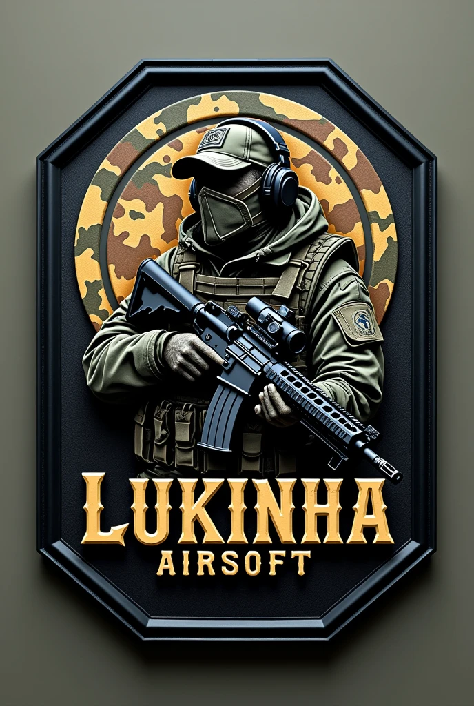 Create Hexagonal Rubberized Patch Cliché, camouflage coat of arms background, military coat of arms with the name Lukinha Airsoft, operator carrying an m4 rifle wearing a cap and headphones