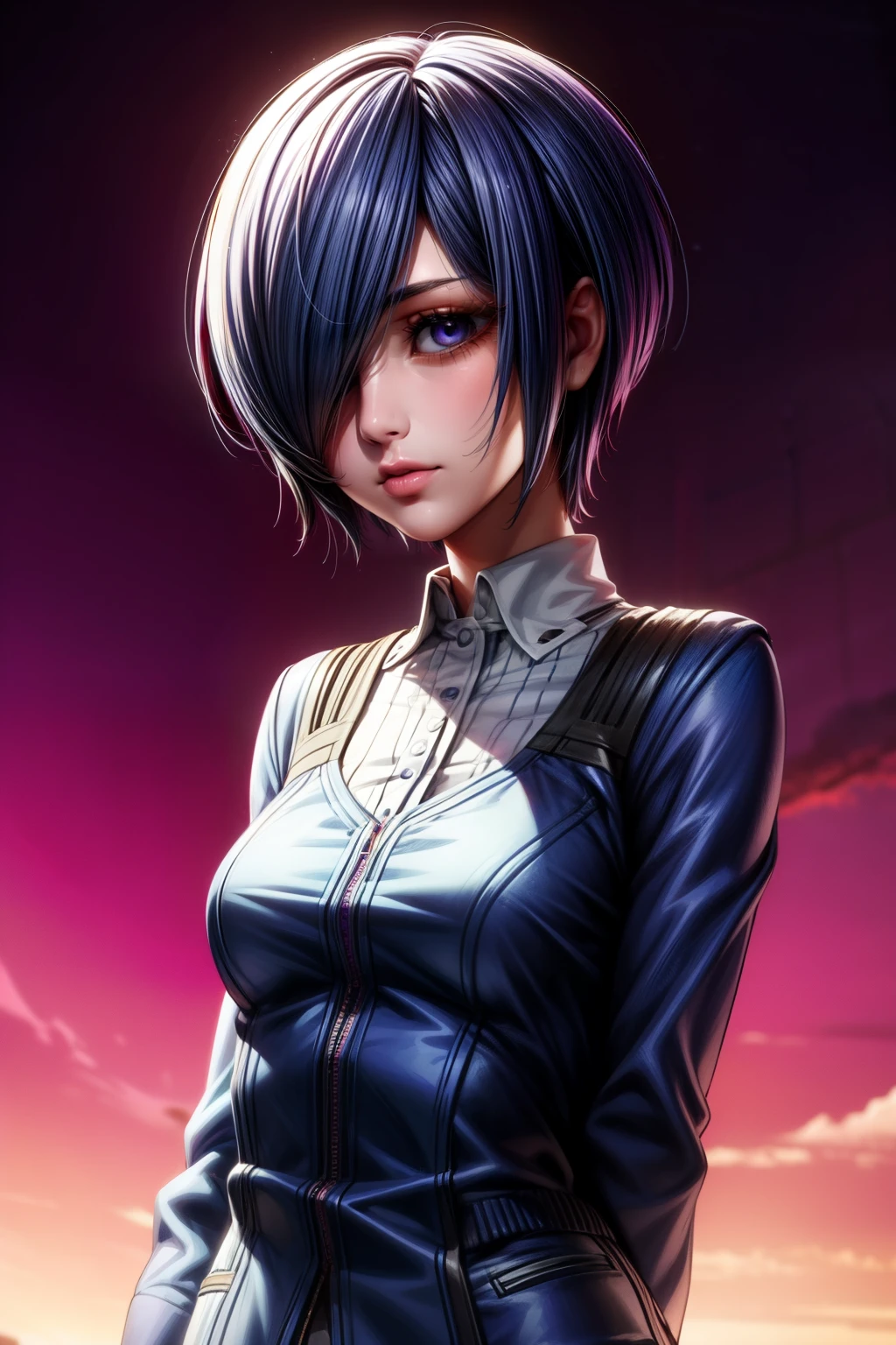 Touka Kirishima, Tokyo Ghoul, blue-violet eyes, blue-violet hair, beautiful and calm facial features, short hair covering the left side of her face,