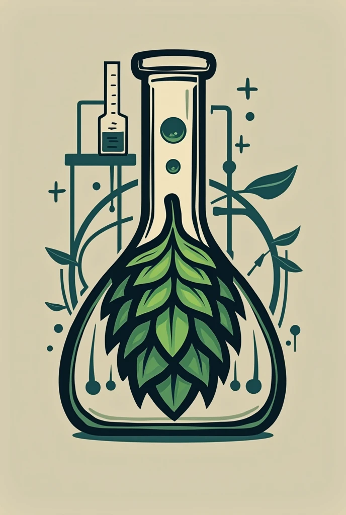 Logo for a beer bottle that says neyjhops, The logo must be inspired by chemistry flasks and the name must contain an image of a hop