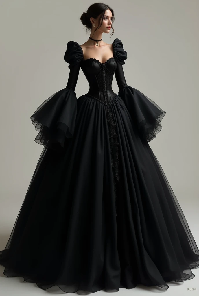 Black dress with corset with volume in the long skirt and sleeves