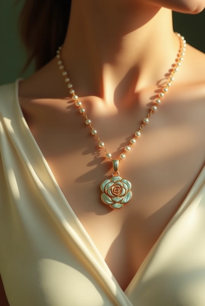 A necklace in very light greenish pearls, with a gold pendant with a rose