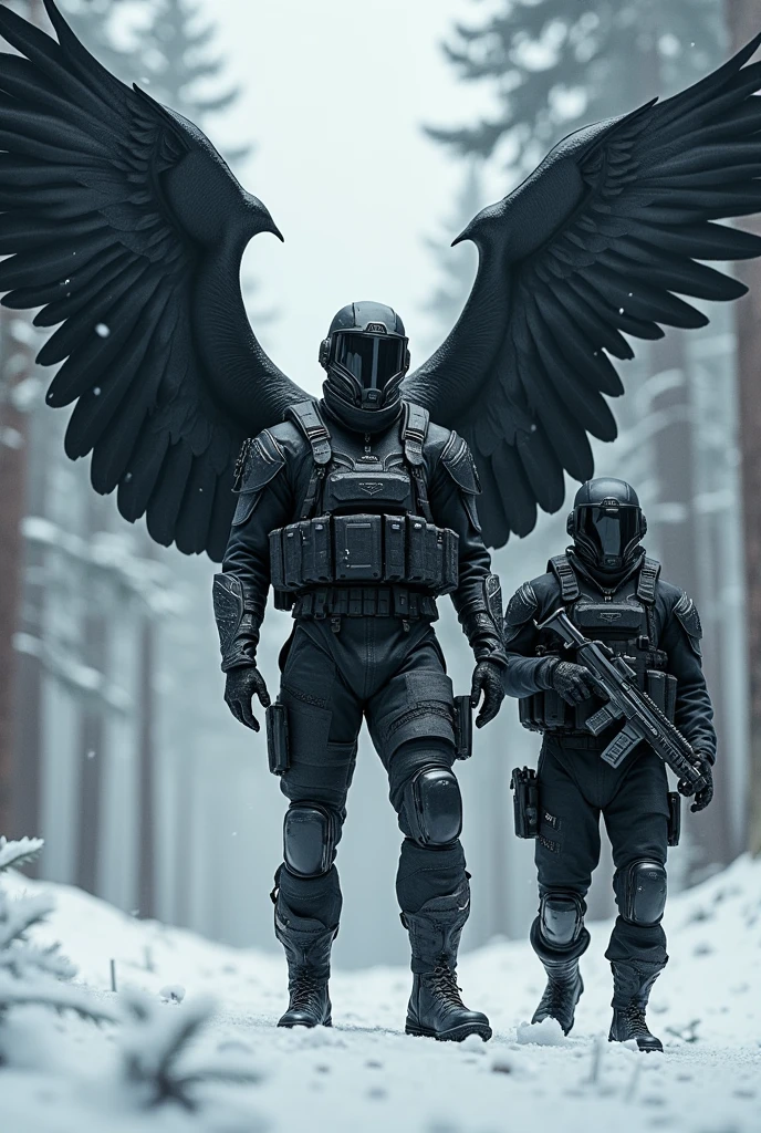2&#39;90 meter tall SOLDIER in tactical attire with black wings, In the middle of the snowy forest next to a normal soldier with a scary black military outfit and loaded with a lot of tactical equipment 