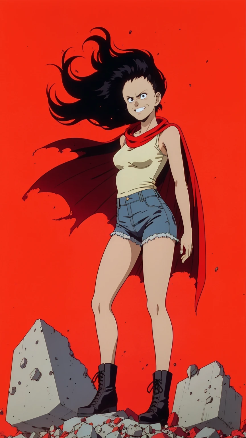 A crazy girl standing on a pile of rubble, long hair, smiling, white_sleeveless shirt, medium breast, denim shorts, combat boots, torn red cape, small floating rocks, rubble, (best quality, high resolution, outstanding composition, masterpiece:1.4), (bright red background, simple background:1.5), (manga linework:1.2), high details, author: Katsuhiro Otomo
